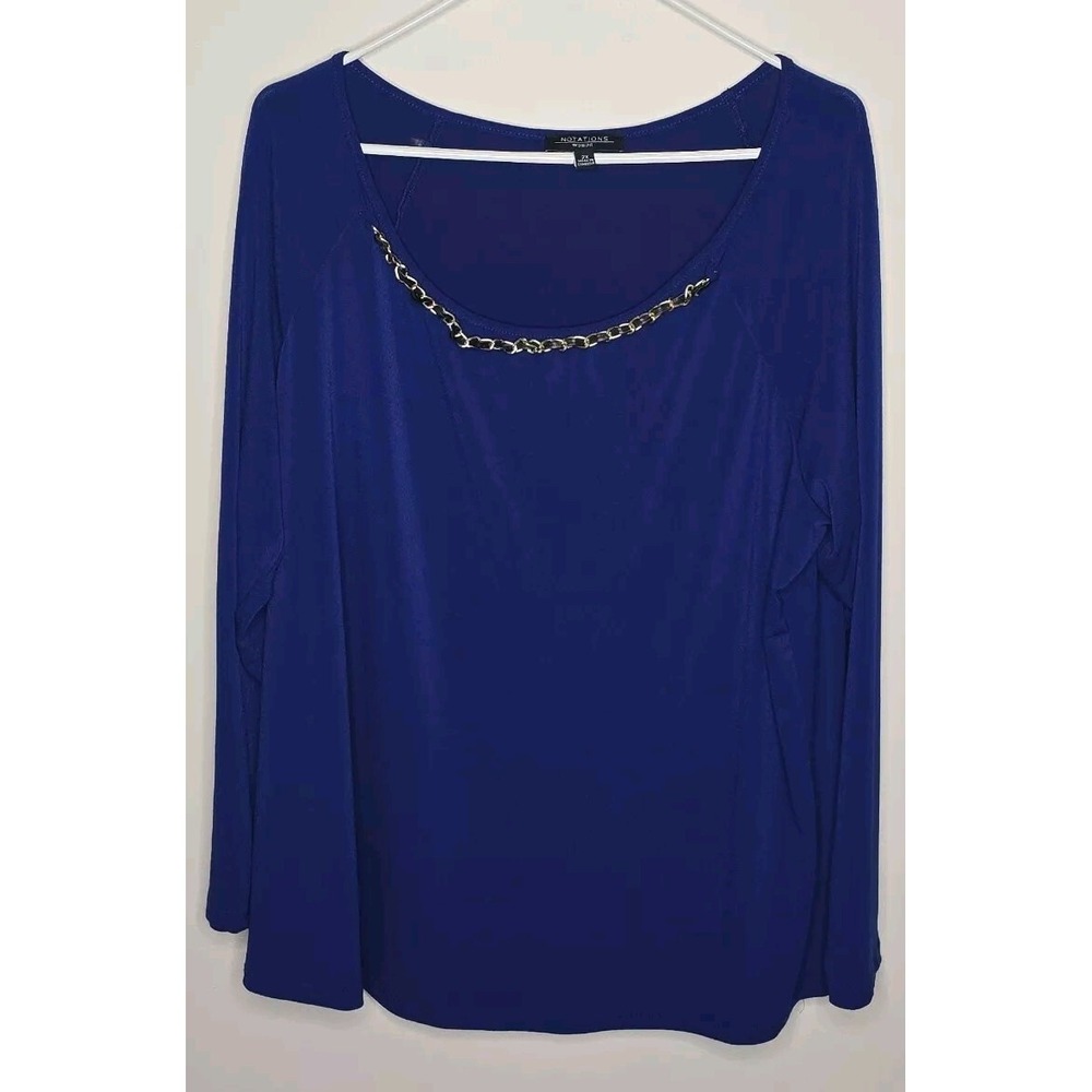 Womens Long Sleeve Scoop Neck Size 2X Embellished Blouse Blue Notations